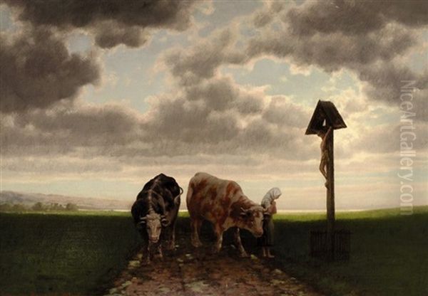 Bauerin Mit Zwei Ochsen Am Wegkreuz Oil Painting by Traugott Hermann Ruedisuehli