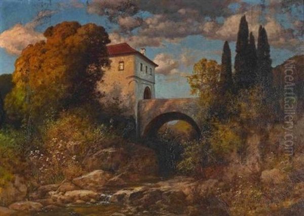 Blick Auf Ein Burgtor Mit Brucke Oil Painting by Traugott Hermann Ruedisuehli