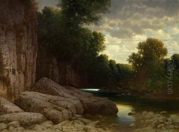 Flusslandschaft Mit Felsen Im Vordergrund Oil Painting by Traugott Hermann Ruedisuehli