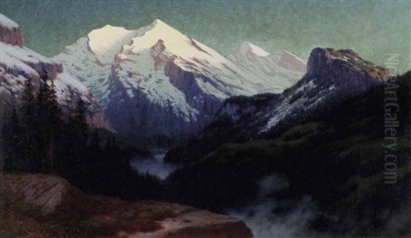 Abendstimmung Uber Alpental Mit Hochgebirge Oil Painting by Traugott Hermann Ruedisuehli