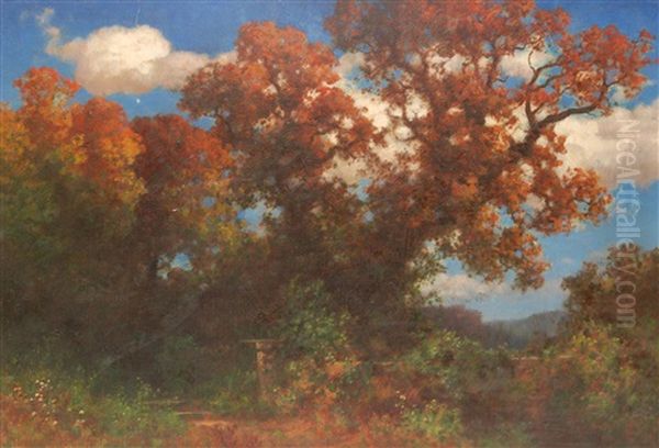 Autumn Landscape Forest Scene With Blue Sky And Clouds To Background Oil Painting by Traugott Hermann Ruedisuehli