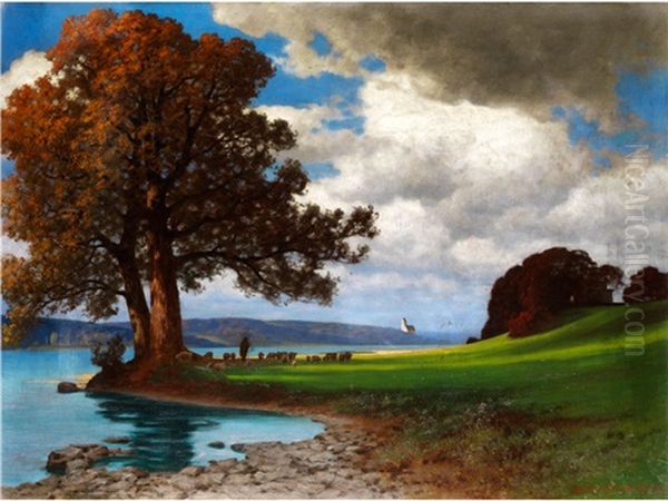 Abendlandschaft Am Fluss Mit Schafer Und Schafherde Unter Herbstlicher Eiche Oil Painting by Traugott Hermann Ruedisuehli