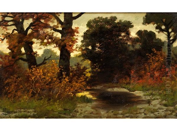 Herbstlich Verfarbte Baume Am Waldrand Mit Kleinem Wassertumpel Im Spatlicht Oil Painting by Traugott Hermann Ruedisuehli