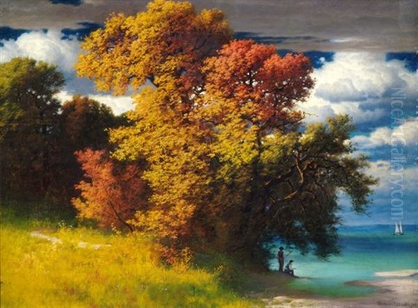 Herbstliche Landschaft An Einem See by Traugott Hermann Ruedisuehli