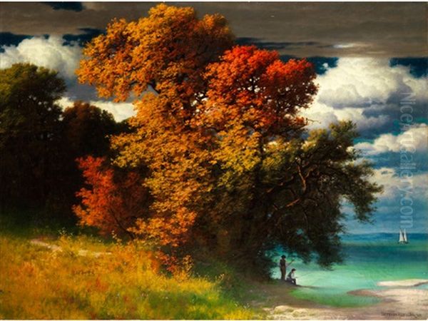 Herbstliche Seeuferlandschaft Mit Bewegten Wolken Und Anglern Am Ufer Oil Painting by Traugott Hermann Ruedisuehli