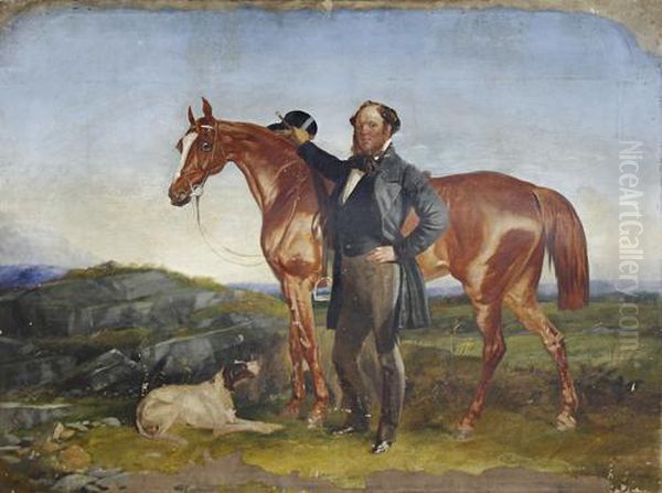 Portrait Of A Gentleman With His Horse And Dog Before An Open Landscape Oil Painting by R.T. Bott