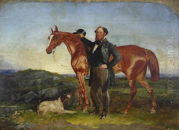 Man With Horse And Gun Dog Oil Painting by R.T. Bott