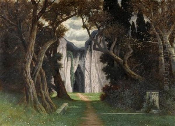 Waldlandschaft Mit Einem Weg Zu Einer Hohle Oil Painting by Traugott Hermann Ruedisuehli