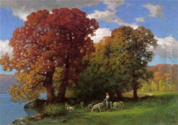 Landschaft Mit Schafhirtin Oil Painting by Traugott Hermann Ruedisuehli