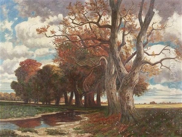 Herbstliche Partie Im Park Mit Baumallee Oil Painting by Traugott Hermann Ruedisuehli