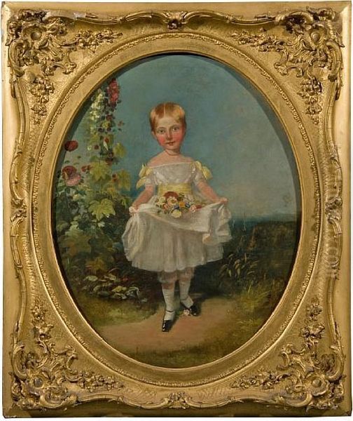 Child Gathering Flowers Oil Painting by R.T. Bott