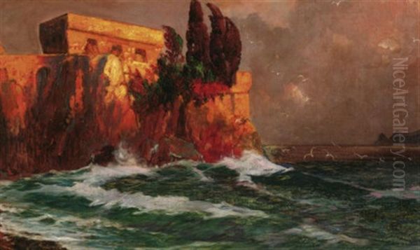 Capri. Tosende Brandung Vor Einer Festung An Felsiger Kuste Oil Painting by Traugott Hermann Ruedisuehli