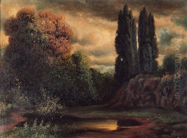 Landschaft Mit Weiher Am Herbstabend Oil Painting by Traugott Hermann Ruedisuehli