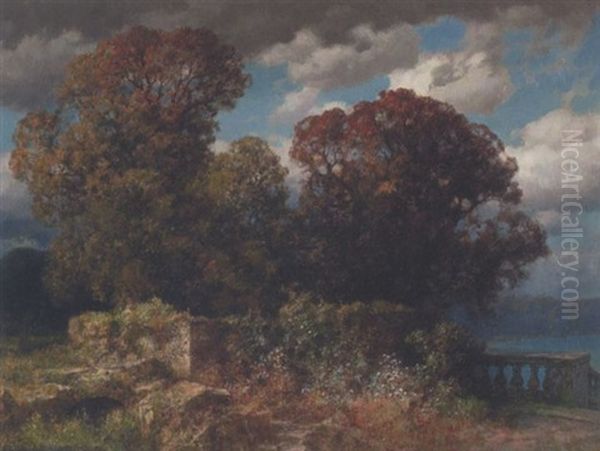 Herbstliche Baumgruppe Am Seeufer Oil Painting by Traugott Hermann Ruedisuehli