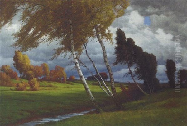 Birken Am Bach Oil Painting by Traugott Hermann Ruedisuehli