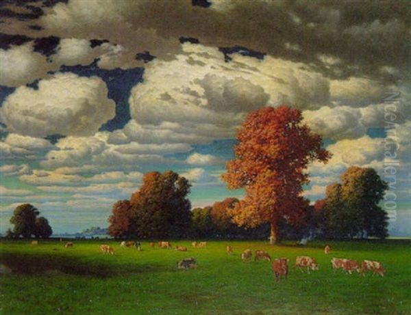 Herbstliche Weidelandschaft Mit Kuhen Auf Der Wiese Oil Painting by Traugott Hermann Ruedisuehli