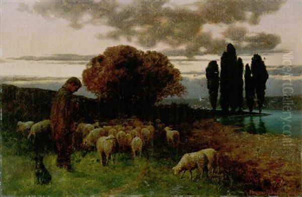 Schafer Mit Seiner Herde In Der Abenddammerung Oil Painting by Traugott Hermann Ruedisuehli