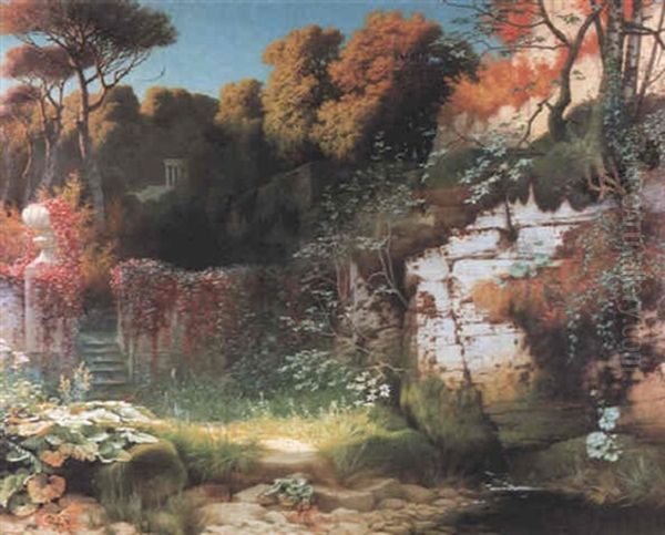 Herbstliche Parklandschaft Oil Painting by Traugott Hermann Ruedisuehli