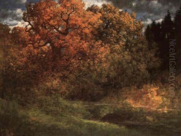 Herbstlicher Laubbaum Im Wald, Im Vordergrund Bach Mit      Steinbrucke Oil Painting by Traugott Hermann Ruedisuehli