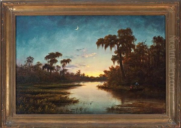 Crescent Moon Over The Bayou Oil Painting by Harold Rudolph