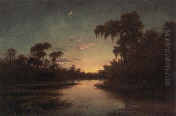 Dawn In The Bayou With Black Figures In A Pirogue Oil Painting by Harold Rudolph