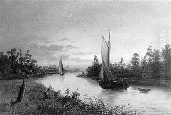 Bayou Teche Nocturnal Landscape With Sailboats Oil Painting by Harold Rudolph