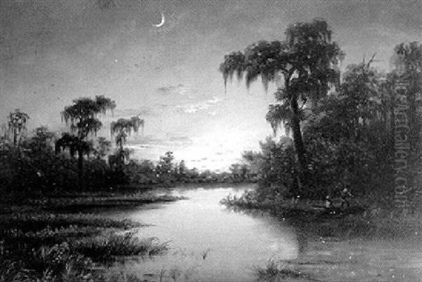 Bayou Teche Nocturnal Landscape Oil Painting by Harold Rudolph