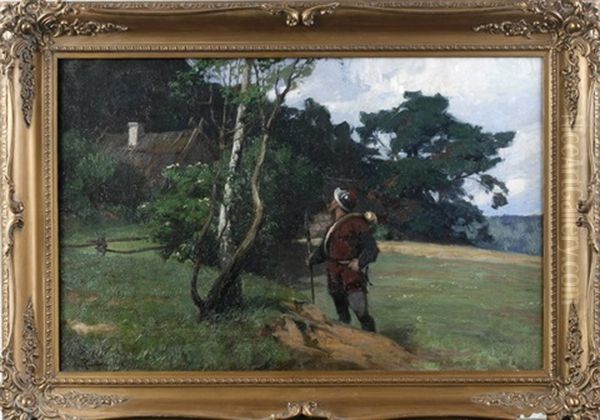 Landsknecht In Landschaft Vor Einem Gehoft Oil Painting by Johannes Rudolphi