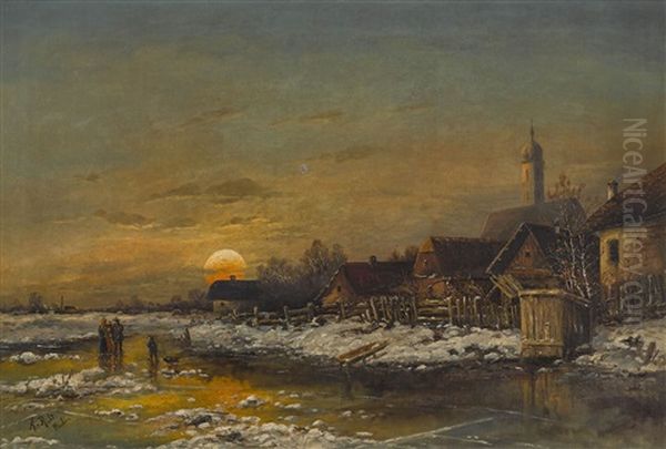 Winterliche Dorflandschaft Im Abendlicht Oil Painting by August Edler von Ruedt