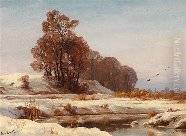 Winterliche Landschaft Vor Munchen, Im Hintergrund Die Stadtsilhouette Oil Painting by August Edler von Ruedt