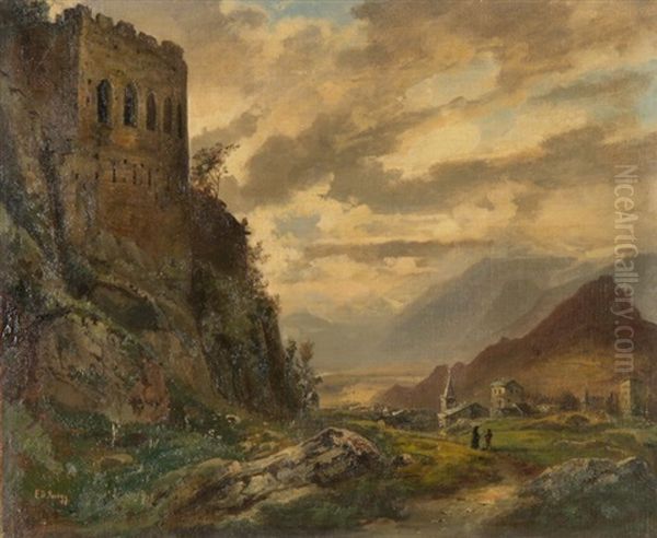 Weite Landschaft Mit Burg Oil Painting by Eduard Rueegg