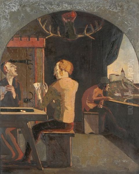 Kartenspieler (+ Fischer Und Frau Mit Lamm, Verso) Oil Painting by Ernst Georg Rueegg