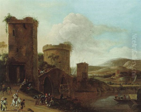 Gebirgige Fluslandschaft Mit Einer Steinernen Bogenbrucke Und Wehrturmen Sowie Vielen Figuren by Pieter des Ruelles