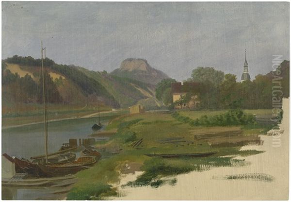 Blick Von Der Elbe Bei Struppen Auf Den Liliens Oil Painting by Sophus Ruge