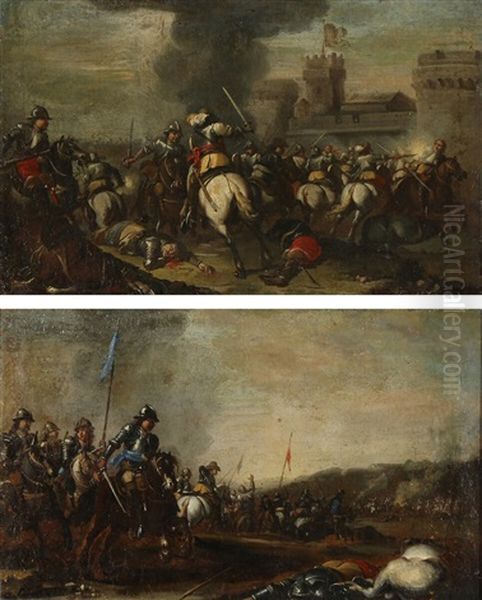 Two Battle Scenes With Horsemen Near A Fortress Oil Painting by Georg Philipp Rugendas the Elder