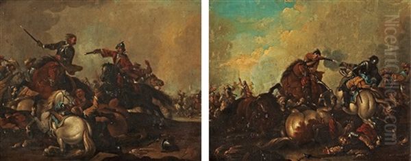 Battle Scenes (pair) Oil Painting by Georg Philipp Rugendas the Elder