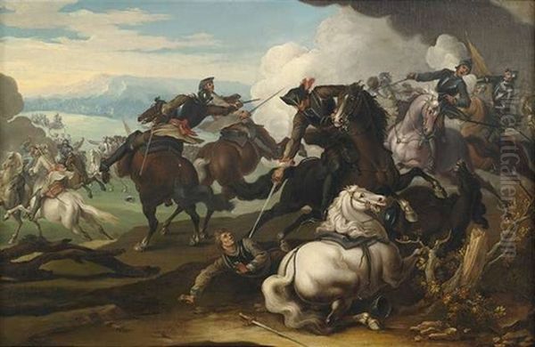 Getummel Einer Reiterschlacht Im Pulverdampf Vor Weitem Landschaftshintergrund Oil Painting by Georg Philipp Rugendas the Elder