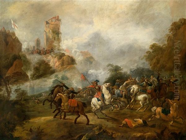 Ein Reitergefecht Zur Zeit Des Dreisigjahrigen Krieges Unterhalb Einer Belagerten Burg Oil Painting by Georg Philipp Rugendas the Elder