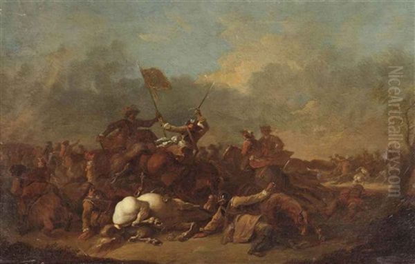 A Cavalry Skirmish Oil Painting by Georg Philipp Rugendas the Elder