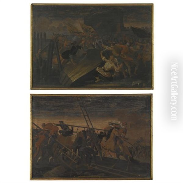 Battles Scenes Between Christians And Turks At The Raising Of A Siege (pair) Oil Painting by Georg Philipp Rugendas the Elder