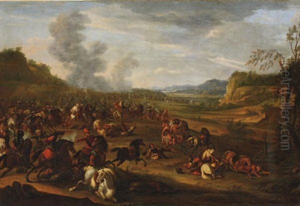 A Battle Between Turks And Christians In A Hilly Landscape (battle Of Zenta?) Oil Painting by Georg Philipp Rugendas the Elder