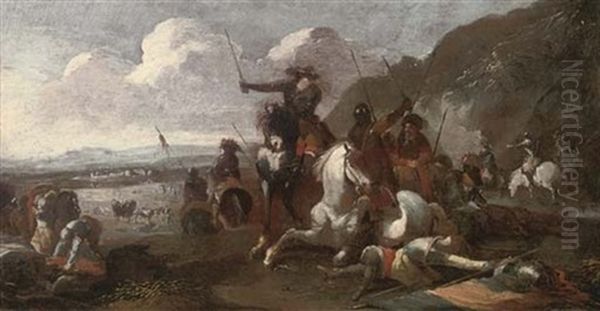 A Cavalry Skirmish Oil Painting by Georg Philipp Rugendas the Elder