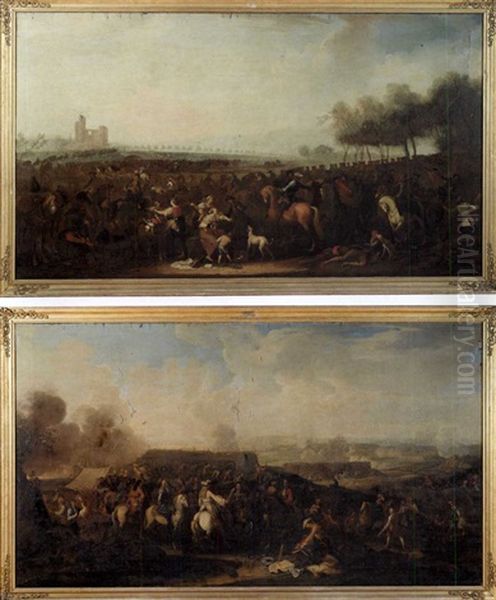 Battle Scene (+ Another Similar; Pair) Oil Painting by Georg Philipp Rugendas the Elder