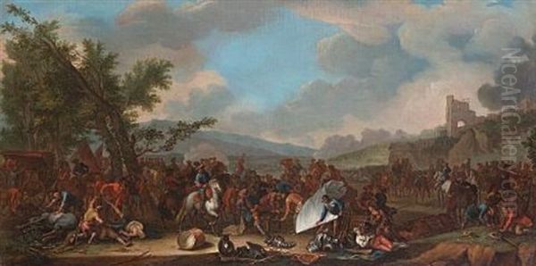 A Military Encampment With A View To A Battlefield Beyond (+ A Battle Between Christians And Turks; Pair) Oil Painting by Georg Philipp Rugendas the Elder