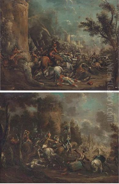 A Cavalry Skirmish By A Fortified Tower (+ A Cavalry Skirmish With A Castle Beyond; Pair) Oil Painting by Georg Philipp Rugendas the Elder