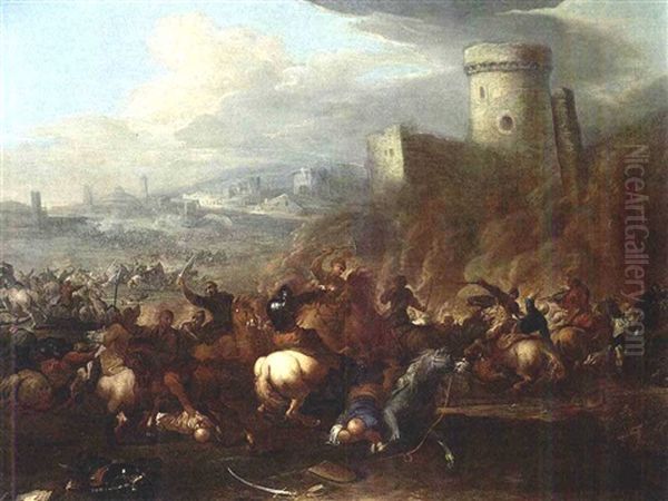 A Cavalry Battle Scene Between Turkish And Christian Troops, With A View Of A Town Beyond Oil Painting by Georg Philipp Rugendas the Elder