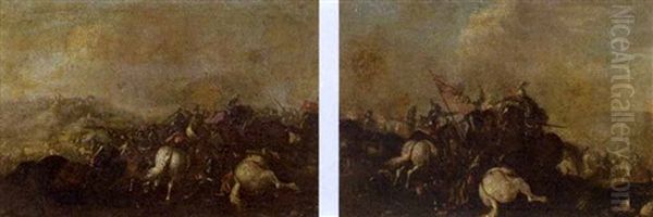 A Cavalry Battle Scene Oil Painting by Georg Philipp Rugendas the Elder