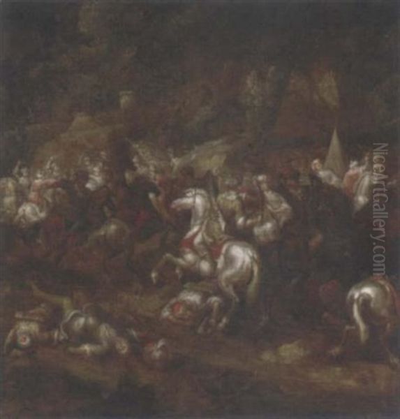 A Calvary Battle Oil Painting by Georg Philipp Rugendas the Elder