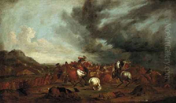 A Cavalry Battle Oil Painting by Georg Philipp Rugendas the Elder