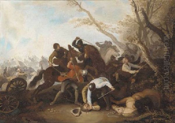 A Cavalry Engagement Oil Painting by Georg Philipp Rugendas the Elder